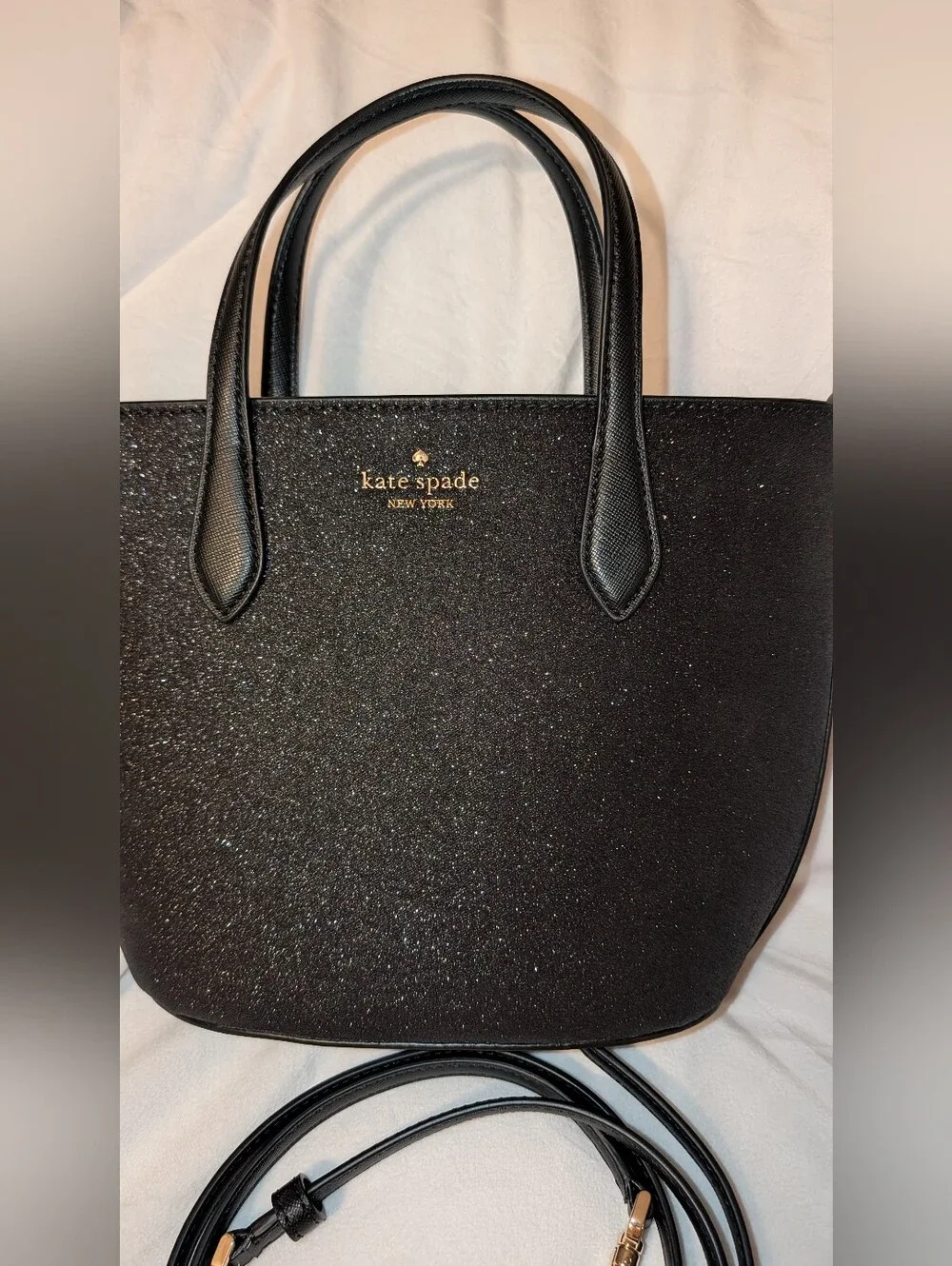Kate Spade New York Glimmer Small Satchel Glitter Fabric Black Gold EUC